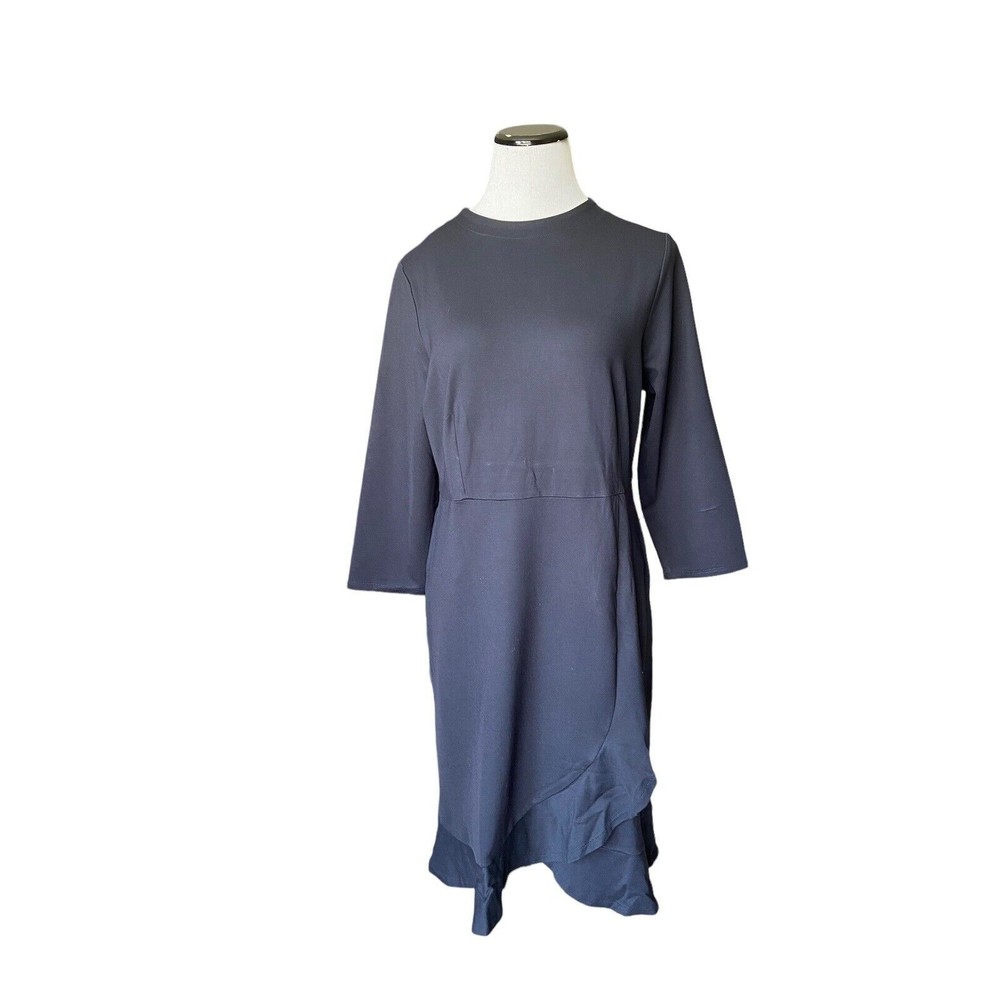 J Jill‎ Ponte Womens Knit Ruffle Hem Dress Size M Navy Blue 3/4 Sleeve Career